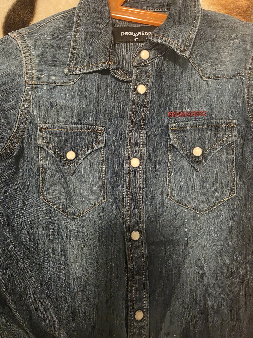DSQUARED2 Kids Distressed Blue Denim Shirt Jacket with Contrast Stitching